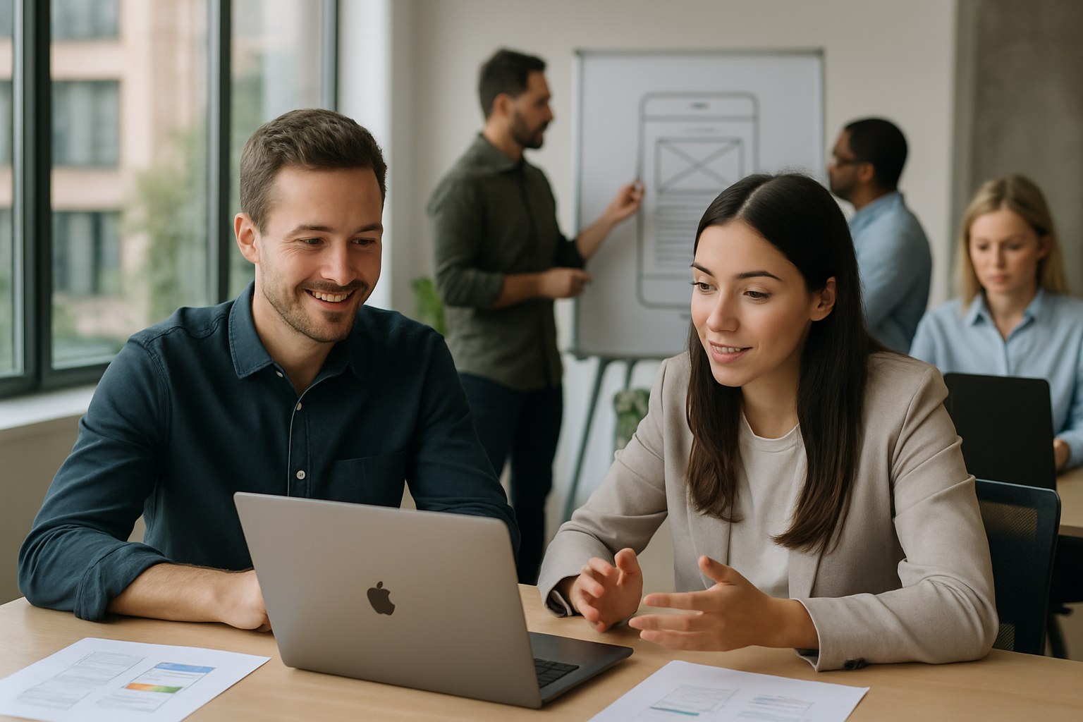 Software developers working through a build plan together